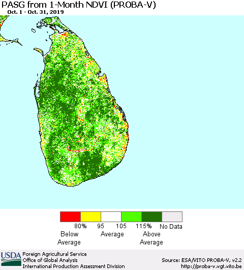 Sri Lanka PASG from 1-Month NDVI (PROBA-V) Thematic Map For 10/21/2019 - 10/31/2019