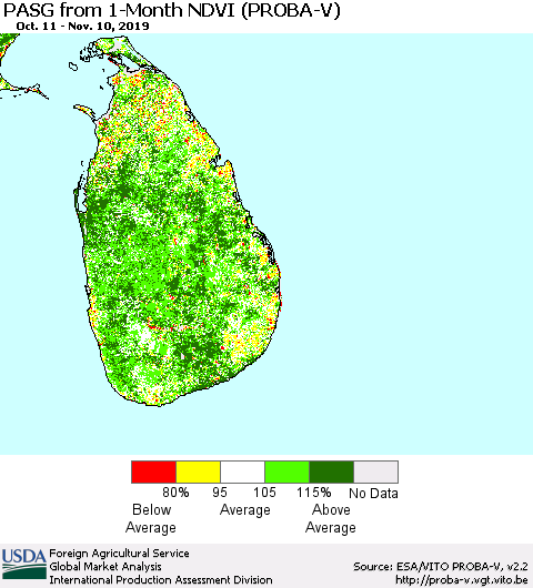 Sri Lanka PASG from 1-Month NDVI (PROBA-V) Thematic Map For 11/1/2019 - 11/10/2019