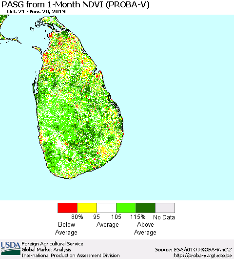 Sri Lanka PASG from 1-Month NDVI (PROBA-V) Thematic Map For 11/11/2019 - 11/20/2019