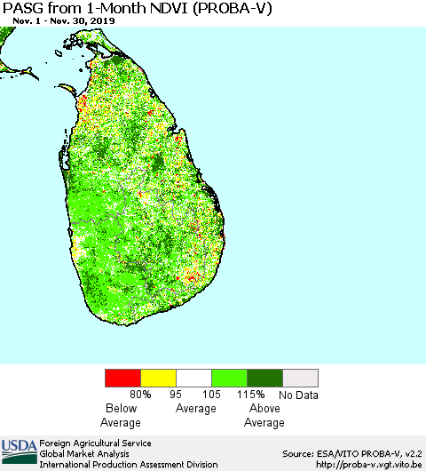 Sri Lanka PASG from 1-Month NDVI (PROBA-V) Thematic Map For 11/21/2019 - 11/30/2019