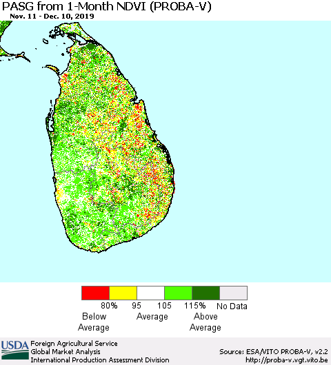 Sri Lanka PASG from 1-Month NDVI (PROBA-V) Thematic Map For 12/1/2019 - 12/10/2019