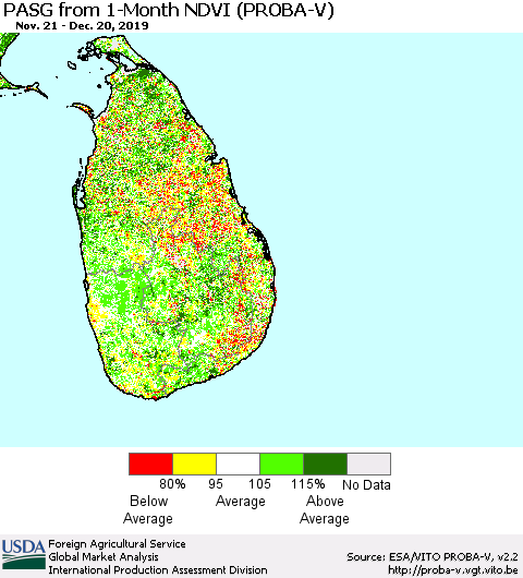 Sri Lanka PASG from 1-Month NDVI (PROBA-V) Thematic Map For 12/11/2019 - 12/20/2019