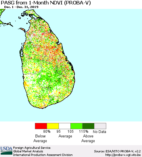 Sri Lanka PASG from 1-Month NDVI (PROBA-V) Thematic Map For 12/21/2019 - 12/31/2019
