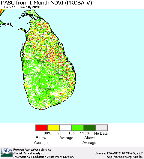 Sri Lanka PASG from 1-Month NDVI (PROBA-V) Thematic Map For 1/1/2020 - 1/10/2020