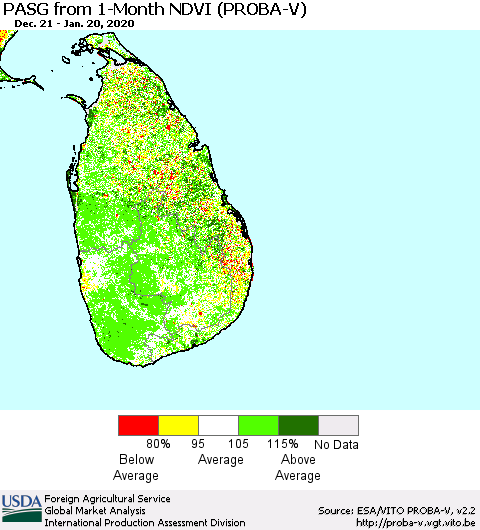 Sri Lanka PASG from 1-Month NDVI (PROBA-V) Thematic Map For 1/11/2020 - 1/20/2020