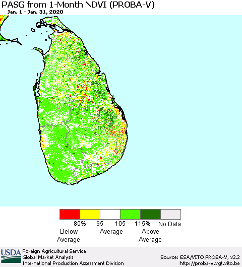 Sri Lanka PASG from 1-Month NDVI (PROBA-V) Thematic Map For 1/21/2020 - 1/31/2020