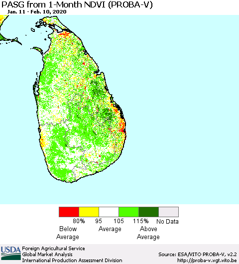 Sri Lanka PASG from 1-Month NDVI (PROBA-V) Thematic Map For 2/1/2020 - 2/10/2020