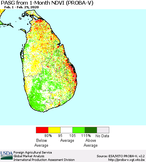 Sri Lanka PASG from 1-Month NDVI (PROBA-V) Thematic Map For 2/21/2020 - 2/29/2020