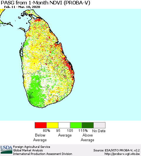 Sri Lanka PASG from 1-Month NDVI (PROBA-V) Thematic Map For 3/1/2020 - 3/10/2020