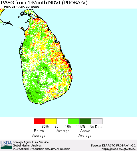 Sri Lanka PASG from 1-Month NDVI (PROBA-V) Thematic Map For 4/11/2020 - 4/20/2020