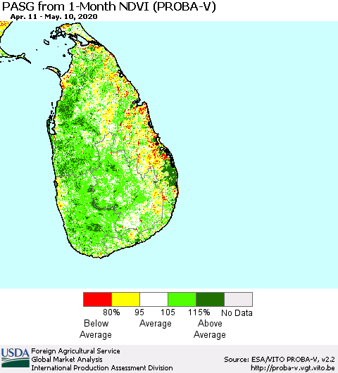 Sri Lanka PASG from 1-Month NDVI (PROBA-V) Thematic Map For 5/1/2020 - 5/10/2020