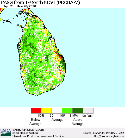 Sri Lanka PASG from 1-Month NDVI (PROBA-V) Thematic Map For 5/11/2020 - 5/20/2020