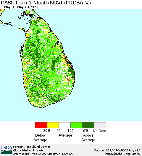 Sri Lanka PASG from 1-Month NDVI (PROBA-V) Thematic Map For 5/21/2020 - 5/31/2020