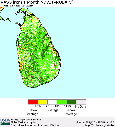 Sri Lanka PASG from 1-Month NDVI (PROBA-V) Thematic Map For 6/1/2020 - 6/10/2020