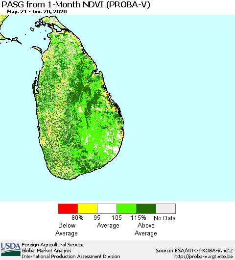 Sri Lanka PASG from 1-Month NDVI (PROBA-V) Thematic Map For 6/11/2020 - 6/20/2020