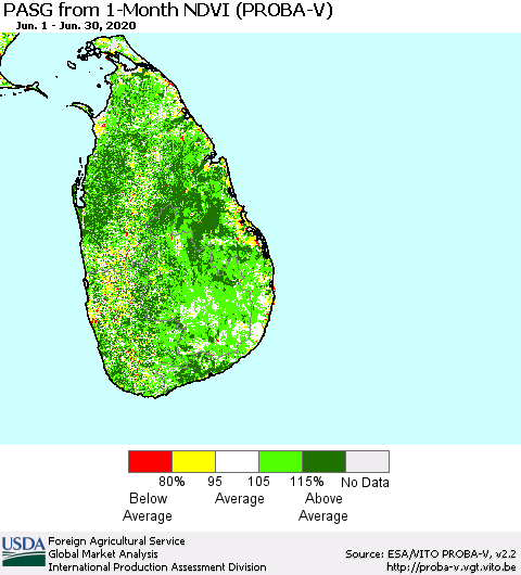 Sri Lanka PASG from 1-Month NDVI (PROBA-V) Thematic Map For 6/21/2020 - 6/30/2020