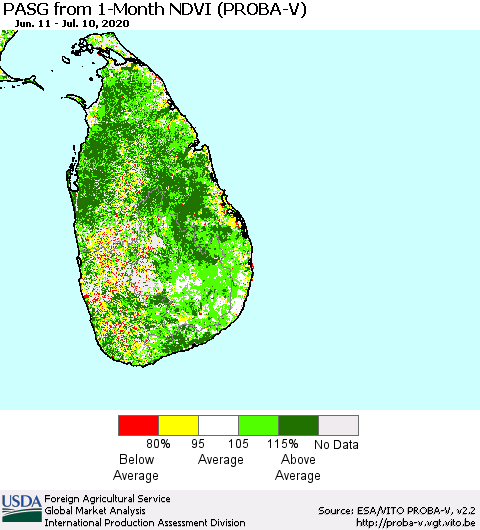 Sri Lanka PASG from 1-Month NDVI (PROBA-V) Thematic Map For 7/1/2020 - 7/10/2020