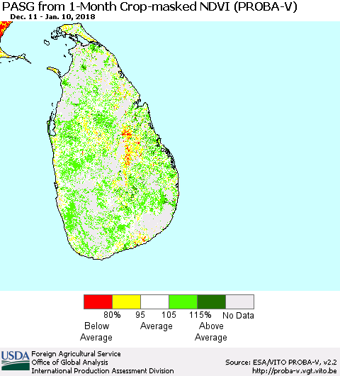 Sri Lanka PASG from 1-Month Crop-masked NDVI (PROBA-V) Thematic Map For 1/1/2018 - 1/10/2018
