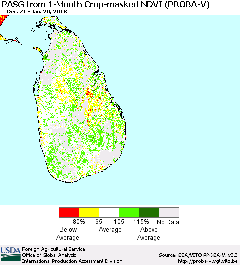 Sri Lanka PASG from 1-Month Crop-masked NDVI (PROBA-V) Thematic Map For 1/11/2018 - 1/20/2018