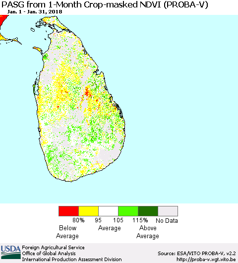 Sri Lanka PASG from 1-Month Crop-masked NDVI (PROBA-V) Thematic Map For 1/21/2018 - 1/31/2018