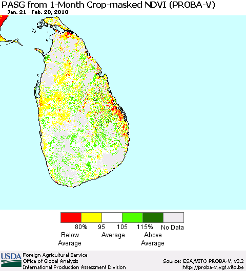 Sri Lanka PASG from 1-Month Crop-masked NDVI (PROBA-V) Thematic Map For 2/11/2018 - 2/20/2018
