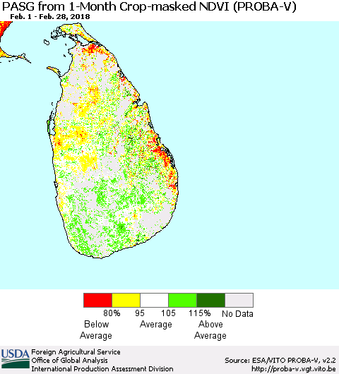 Sri Lanka PASG from 1-Month Crop-masked NDVI (PROBA-V) Thematic Map For 2/21/2018 - 2/28/2018