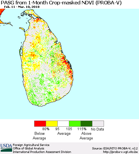 Sri Lanka PASG from 1-Month Crop-masked NDVI (PROBA-V) Thematic Map For 3/1/2018 - 3/10/2018