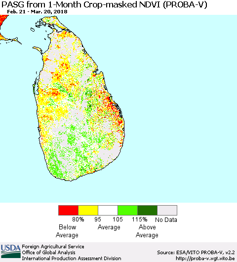 Sri Lanka PASG from 1-Month Crop-masked NDVI (PROBA-V) Thematic Map For 3/11/2018 - 3/20/2018