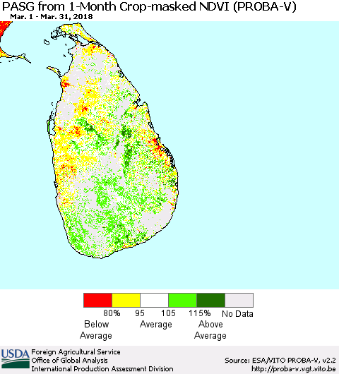 Sri Lanka PASG from 1-Month Crop-masked NDVI (PROBA-V) Thematic Map For 3/21/2018 - 3/31/2018
