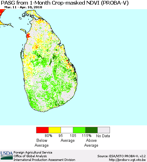 Sri Lanka PASG from 1-Month Crop-masked NDVI (PROBA-V) Thematic Map For 4/1/2018 - 4/10/2018