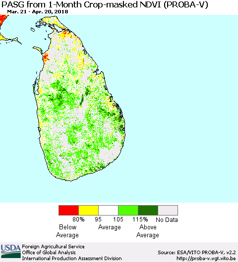 Sri Lanka PASG from 1-Month Crop-masked NDVI (PROBA-V) Thematic Map For 4/11/2018 - 4/20/2018