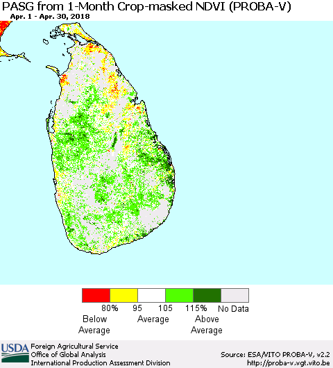 Sri Lanka PASG from 1-Month Crop-masked NDVI (PROBA-V) Thematic Map For 4/21/2018 - 4/30/2018