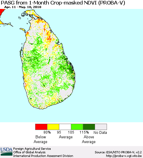 Sri Lanka PASG from 1-Month Crop-masked NDVI (PROBA-V) Thematic Map For 5/1/2018 - 5/10/2018