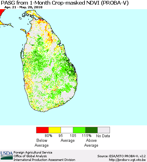 Sri Lanka PASG from 1-Month Crop-masked NDVI (PROBA-V) Thematic Map For 5/11/2018 - 5/20/2018