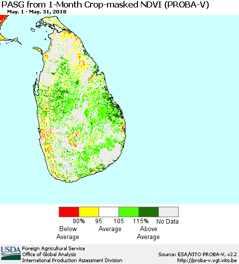 Sri Lanka PASG from 1-Month Crop-masked NDVI (PROBA-V) Thematic Map For 5/21/2018 - 5/31/2018