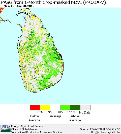 Sri Lanka PASG from 1-Month Crop-masked NDVI (PROBA-V) Thematic Map For 6/1/2018 - 6/10/2018