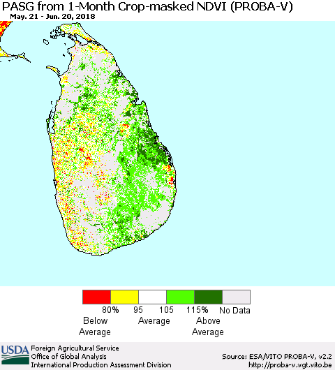 Sri Lanka PASG from 1-Month Crop-masked NDVI (PROBA-V) Thematic Map For 6/11/2018 - 6/20/2018