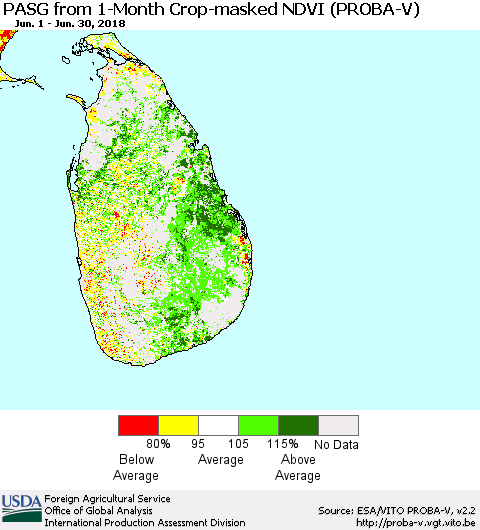 Sri Lanka PASG from 1-Month Crop-masked NDVI (PROBA-V) Thematic Map For 6/21/2018 - 6/30/2018