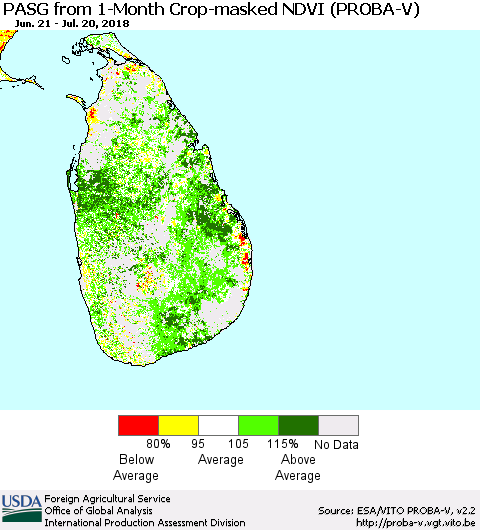 Sri Lanka PASG from 1-Month Crop-masked NDVI (PROBA-V) Thematic Map For 7/11/2018 - 7/20/2018