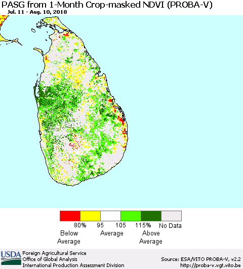 Sri Lanka PASG from 1-Month Crop-masked NDVI (PROBA-V) Thematic Map For 8/1/2018 - 8/10/2018