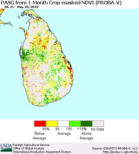 Sri Lanka PASG from 1-Month Crop-masked NDVI (PROBA-V) Thematic Map For 8/11/2018 - 8/20/2018