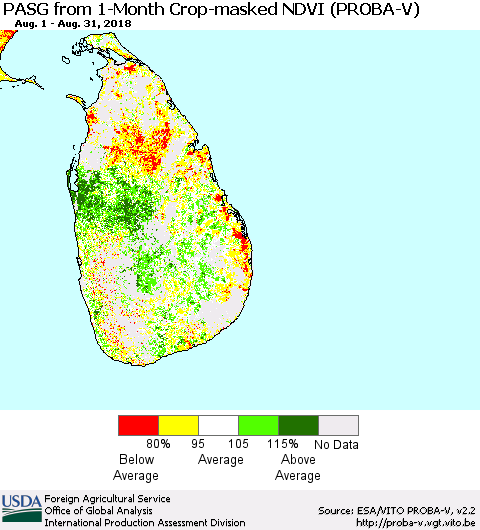 Sri Lanka PASG from 1-Month Crop-masked NDVI (PROBA-V) Thematic Map For 8/21/2018 - 8/31/2018
