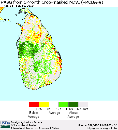 Sri Lanka PASG from 1-Month Crop-masked NDVI (PROBA-V) Thematic Map For 9/1/2018 - 9/10/2018