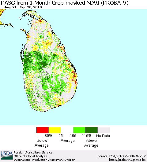 Sri Lanka PASG from 1-Month Crop-masked NDVI (PROBA-V) Thematic Map For 9/11/2018 - 9/20/2018