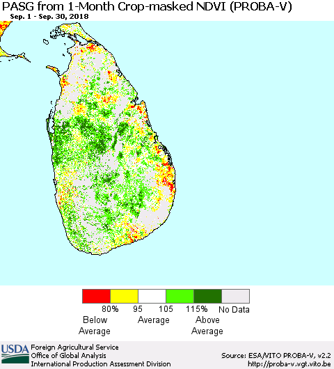 Sri Lanka PASG from 1-Month Crop-masked NDVI (PROBA-V) Thematic Map For 9/21/2018 - 9/30/2018