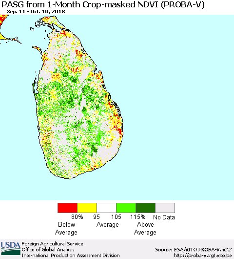 Sri Lanka PASG from 1-Month Crop-masked NDVI (PROBA-V) Thematic Map For 10/1/2018 - 10/10/2018