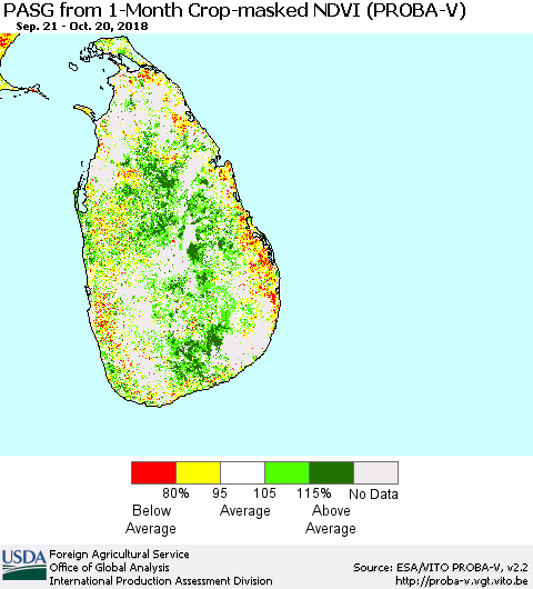 Sri Lanka PASG from 1-Month Crop-masked NDVI (PROBA-V) Thematic Map For 10/11/2018 - 10/20/2018