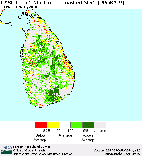 Sri Lanka PASG from 1-Month Crop-masked NDVI (PROBA-V) Thematic Map For 10/21/2018 - 10/31/2018