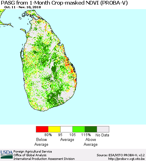 Sri Lanka PASG from 1-Month Crop-masked NDVI (PROBA-V) Thematic Map For 11/1/2018 - 11/10/2018