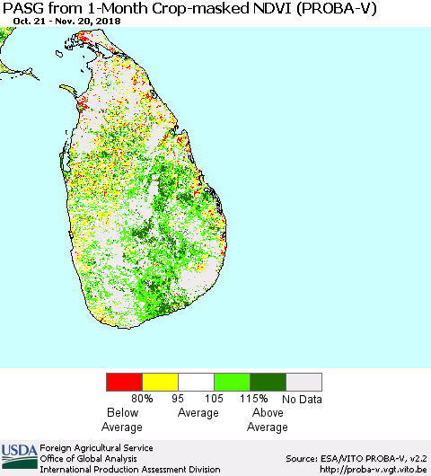 Sri Lanka PASG from 1-Month Crop-masked NDVI (PROBA-V) Thematic Map For 11/11/2018 - 11/20/2018